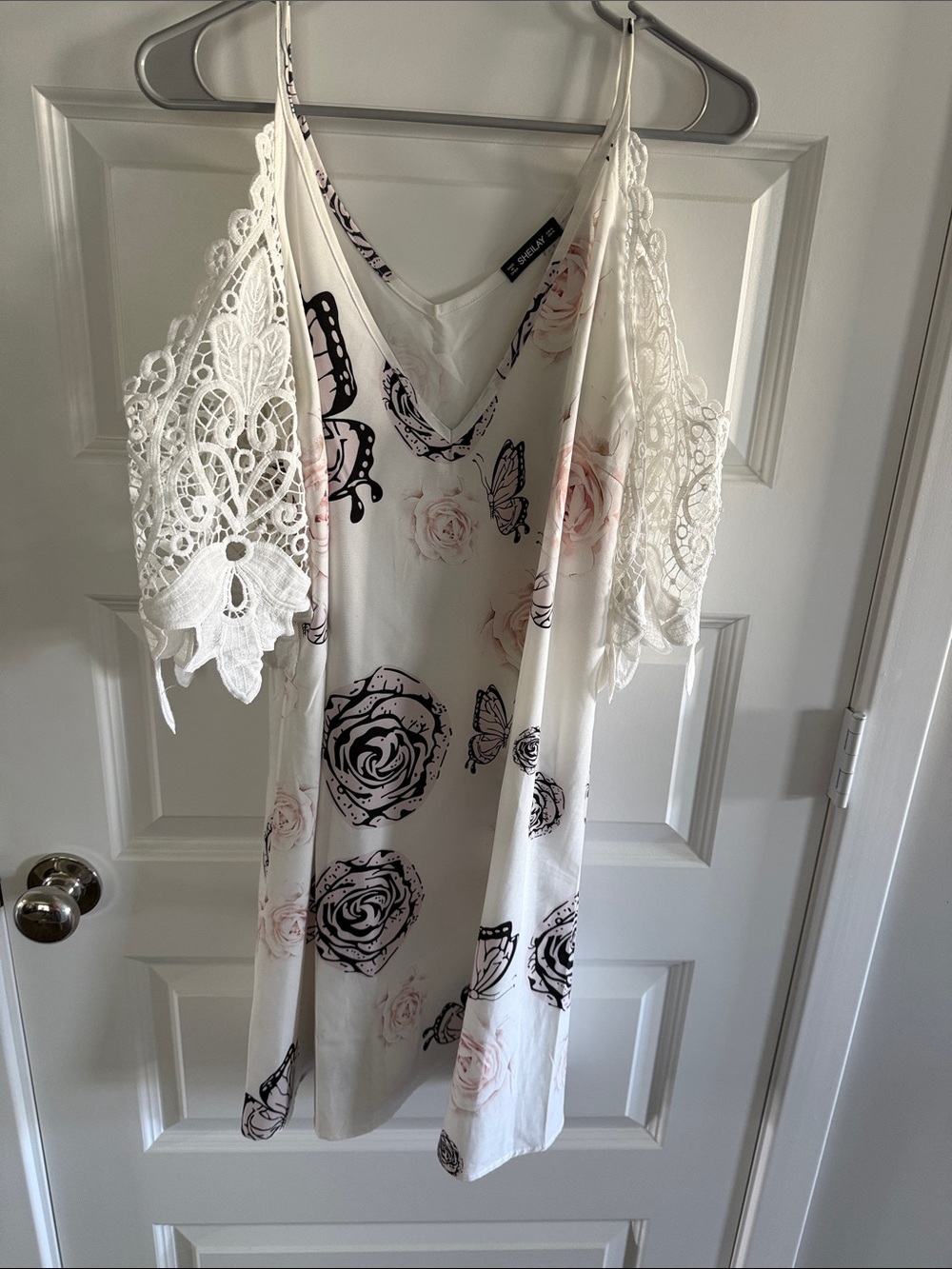 White Floral Slip Dress Lace Cold-Shoulder Sleeves SHEILAY XL BUTTERFLY ROSE